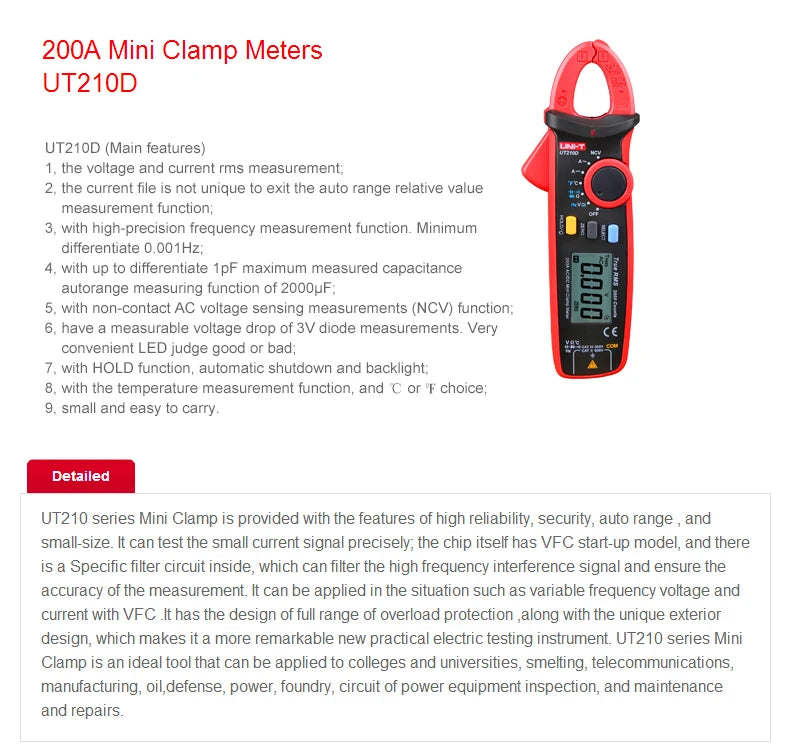Pinza Amperimétrica Digital UNI-T UT210E/UT210D/UT210C - Mini Clamp Multímetro True RMS AC, Auto Rango