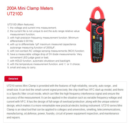 Pinza Amperimétrica Digital UNI-T UT210E/UT210D/UT210C - Mini Clamp Multímetro True RMS AC, Auto Rango