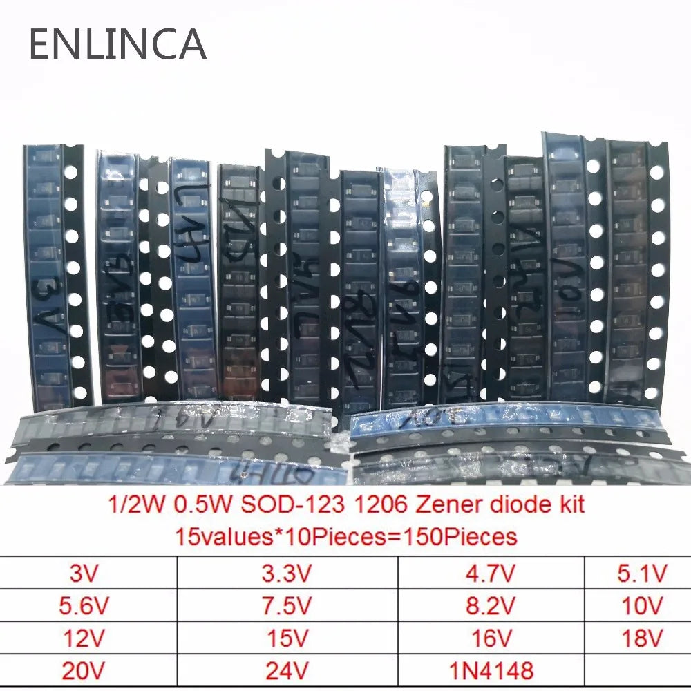 Kit Diodo Zener SMD 0.5W (SOD-123 1206 / SOD-323, 15 Valores x 10pcs = 150pcs, 3V-7.5V) Paquete