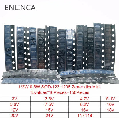Kit Diodo Zener SMD 0.5W (SOD-123 1206 / SOD-323, 15 Valores x 10pcs = 150pcs, 3V-7.5V) Paquete