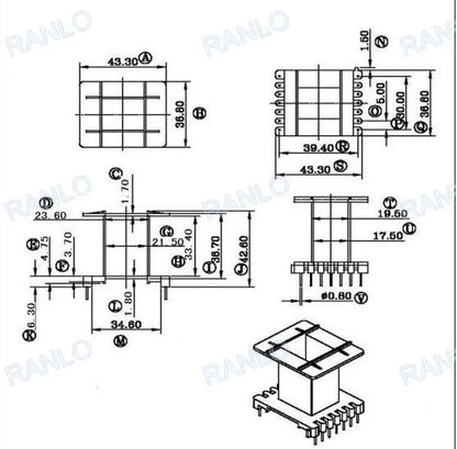 Núcleo Ferrita EE55/55/21A (PC40/N87/3C94) con Bobina Vertical 14 Pines