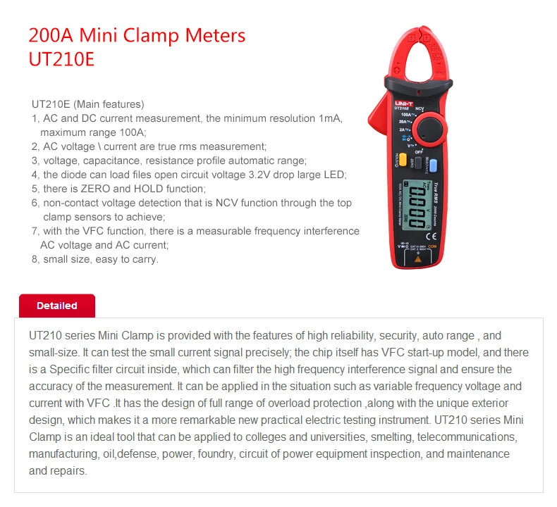 Pinza Amperimétrica Digital UNI-T UT210E/UT210D/UT210C - Mini Clamp Multímetro True RMS AC, Auto Rango