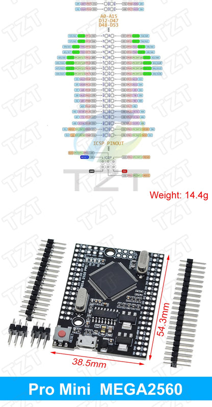 Placa Desarrollo TZT Mega2560 (ATMEGA16U2 / Pro Mini / WiFi R3 ATmega2560 CH340G) compatible Arduino Mega R3 / ESP8266