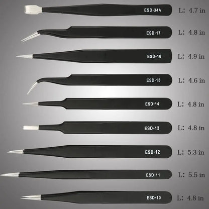 Set Pinzas ESD Antiestáticas Acero Inoxidable Binoax (Puntas No Magnéticas) para Electrónica/Soldadura/Artesanía (6/9/10 Piezas)