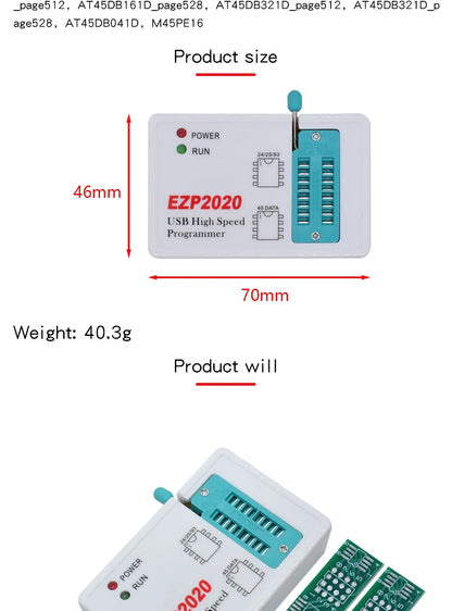 Programador USB SPI Alta Velocidad EZP2020 (Mejor que EZP2013/2010/2011) Soporta EEPROM 24/25/26/93, Flash 25 BIOS Chip