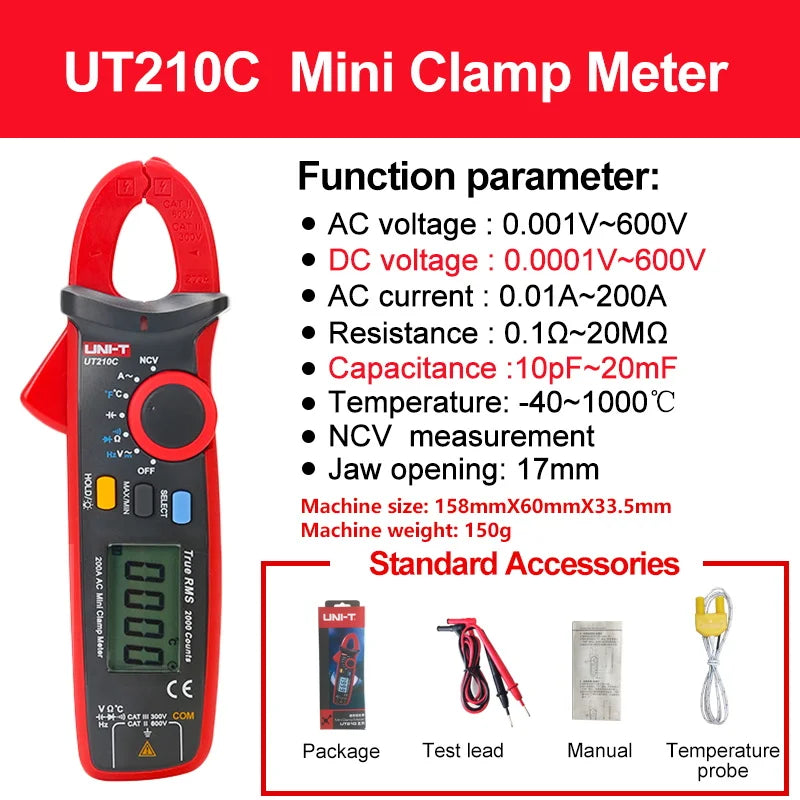 Pinza Amperimétrica Digital UNI-T UT210E/UT210D/UT210C - Mini Clamp Multímetro True RMS AC, Auto Rango