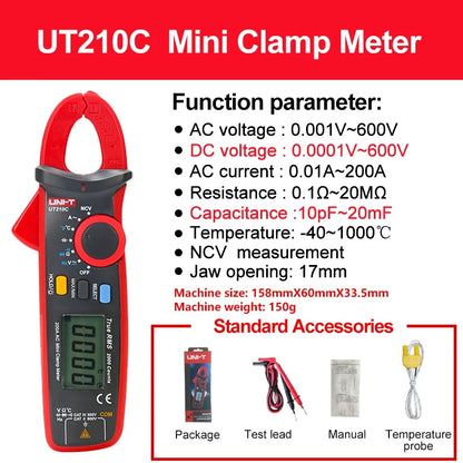 Pinza Amperimétrica Digital UNI-T UT210E/UT210D/UT210C - Mini Clamp Multímetro True RMS AC, Auto Rango
