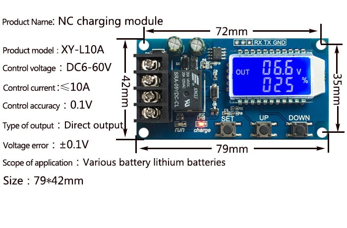Módulo Control Carga Batería Litio XY-L10A 6-60V 10A Switch Protección Sobrecarga
