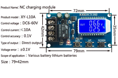 Módulo Control Carga Batería Litio XY-L10A 6-60V 10A Switch Protección Sobrecarga