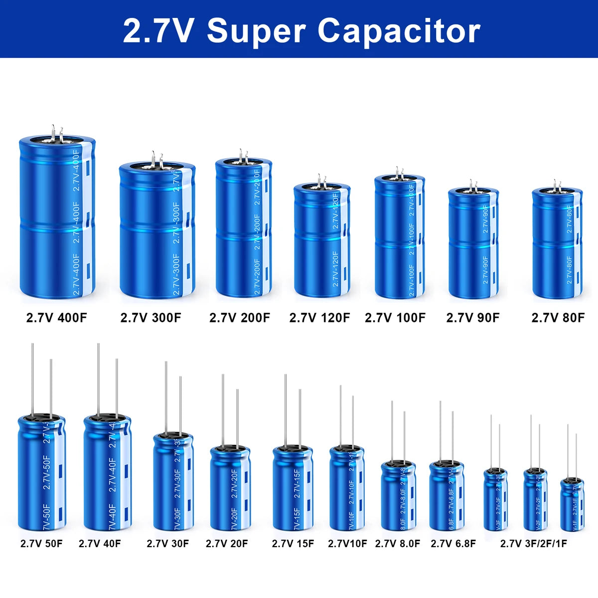 Supercapacitores Farad 2.7V - Varios Valores (1F a 400F) para Grabadora Vehicular - Lote 2 Piezas