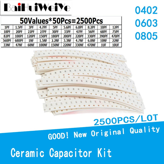 Kit Capacitores Cerámicos SMD 0402/0603/0805 - 50 Valores (1pF-10uF) x 50 Unidades (Total 2500 Piezas)