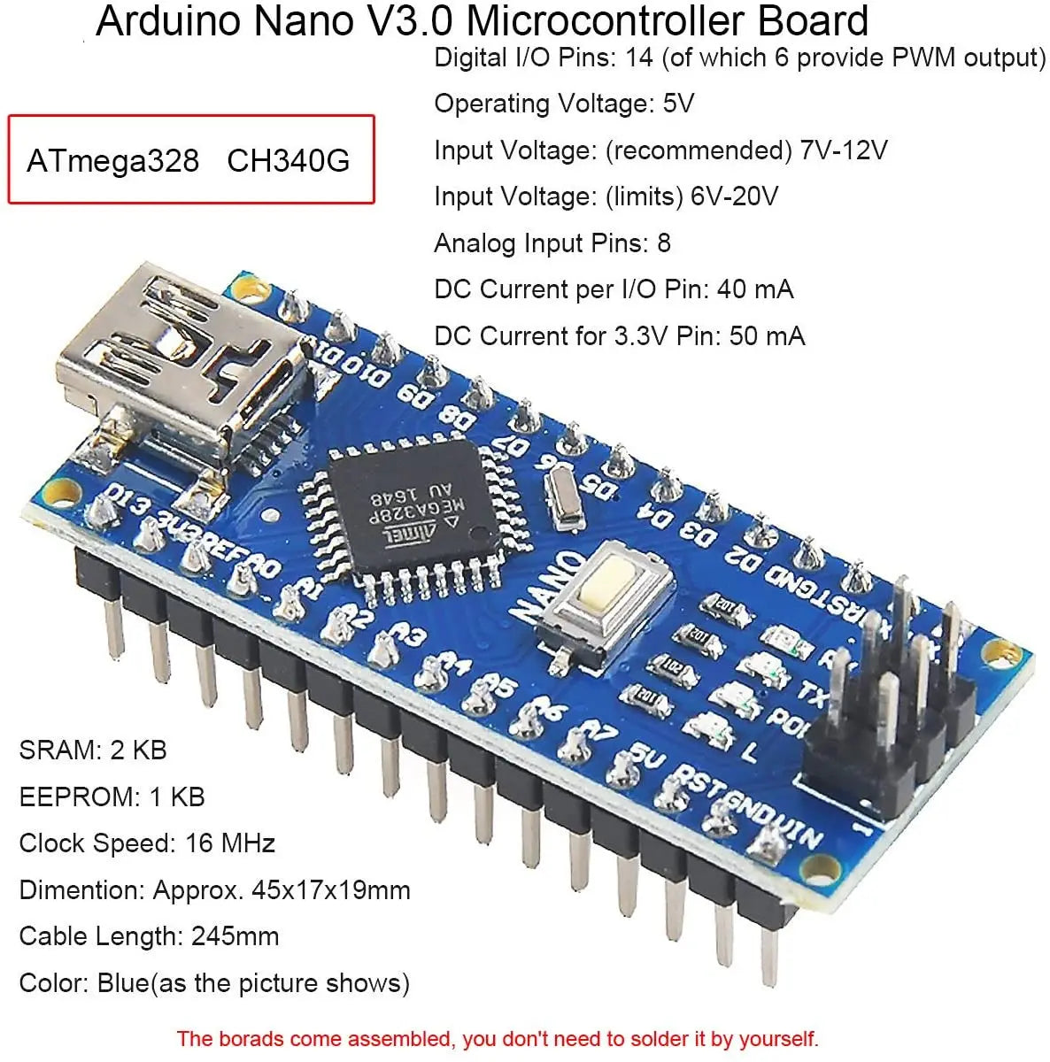Placa Microcontrolador Mini Nano V3.0 (ATmega328P/168P, 16MHz, CH340) para Arduino
