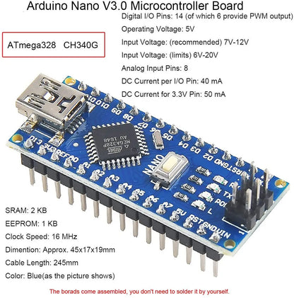 Placa Microcontrolador Mini Nano V3.0 (ATmega328P/168P, 16MHz, CH340) para Arduino