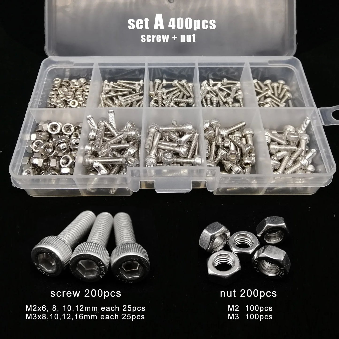 Kit Surtido Tornillos/Pernos/Tuercas Cabeza Hexagonal Acero Inoxidable 304 (M1.6/M2/M2.5/M3/M4/M5) (Total 400/650/1140/2100 Piezas)