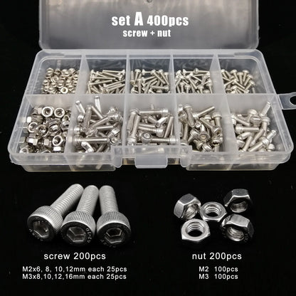 Kit Surtido Tornillos/Pernos/Tuercas Cabeza Hexagonal Acero Inoxidable 304 (M1.6/M2/M2.5/M3/M4/M5) (Total 400/650/1140/2100 Piezas)