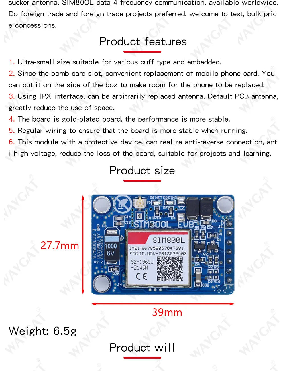 Módulo GSM/GPRS WAVGAT SIM800L V2.0 (5V, Quad-Band) con Antena y Cable