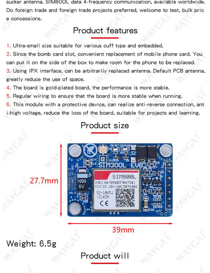 Módulo GSM/GPRS WAVGAT SIM800L V2.0 (5V, Quad-Band) con Antena y Cable