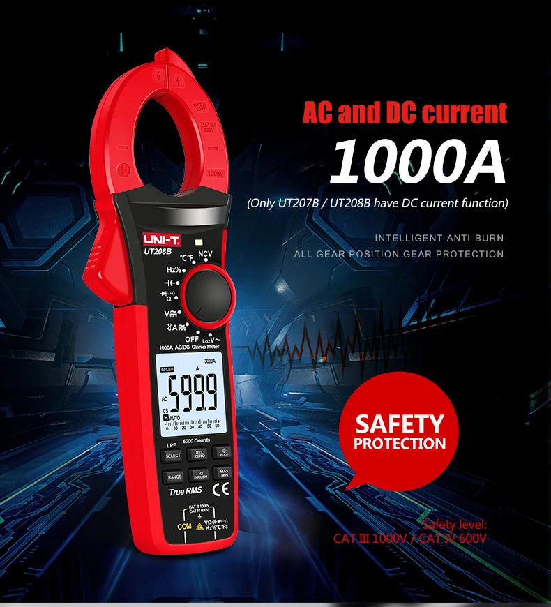 Pinza Amperimétrica Digital UNI-T UT207B/UT208B True RMS AC/DC 1000A 1000V LPF 6000 Cuentas