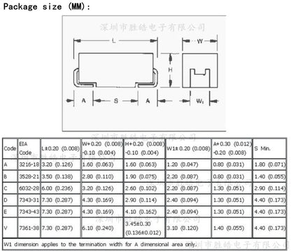 Capacitor Tantalio SMD (Tipo A/B/C/D, 6.3V-35V, 0.33uF-470uF) (10 Unidades)