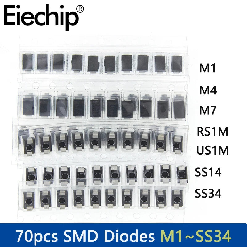 Kit Surtido Diodos SMD - 7 Valores (M1/M4/M7, SS14/SS34, US1M/RS1M) x 10 Unidades (Total 70 Piezas)