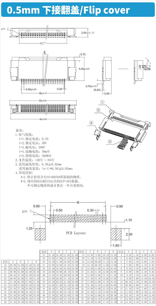 10PCS 0.5mm 1.0mm FPC FFC Connector Flat Cable PCB Connectors SMT ZIF 32/34/36/38/40/45/50/60 Pines