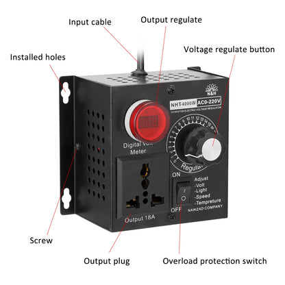 Regulador Voltaje AC 220V 4000W/5000W SCR Dimmer Ajustable Velocidad/Temperatura/Luz
