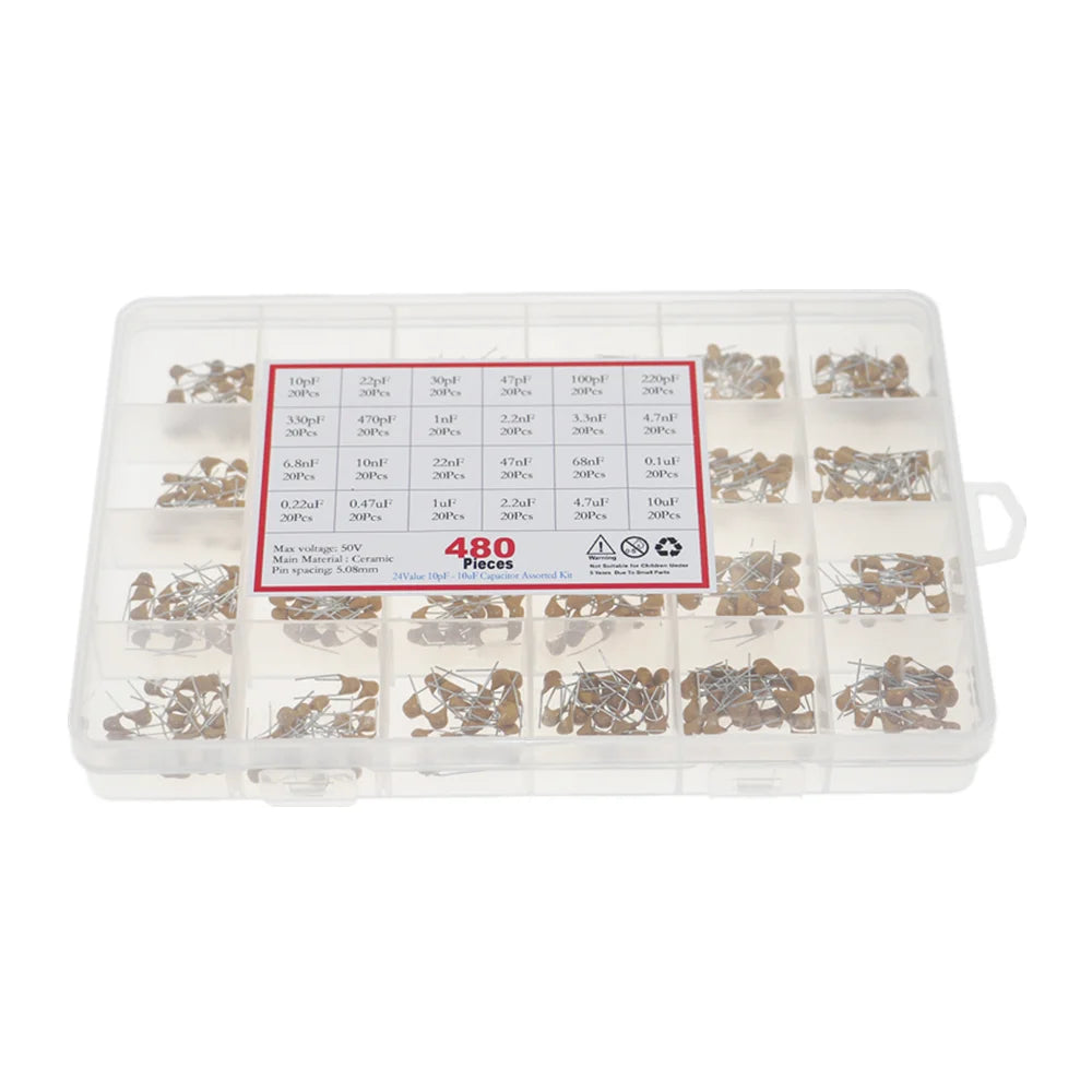 Kit Surtido Capacitor Cerámico Monolítico (10pF-10uF, 24 Valores x 20 Unidades = 480 Piezas) con Caja