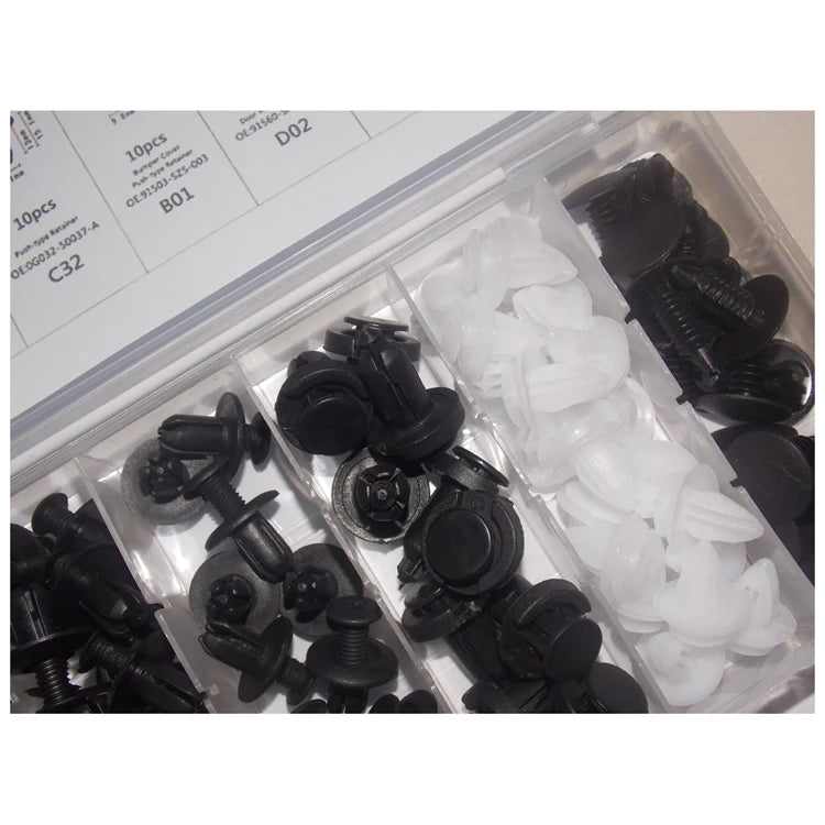 Clips Plásticos Surtidos Sujeción Auto (Remaches Retenedores Fijación Puerta) con Herramientas Desmontaje (100 Piezas)