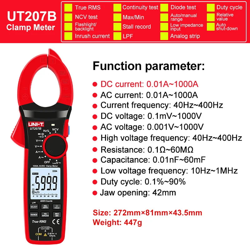 Pinza Amperimétrica Digital UNI-T UT207B/UT208B True RMS AC/DC 1000A 1000V LPF 6000 Cuentas