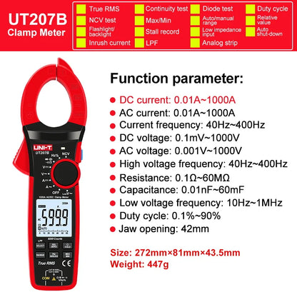 Pinza Amperimétrica Digital UNI-T UT207B/UT208B True RMS AC/DC 1000A 1000V LPF 6000 Cuentas
