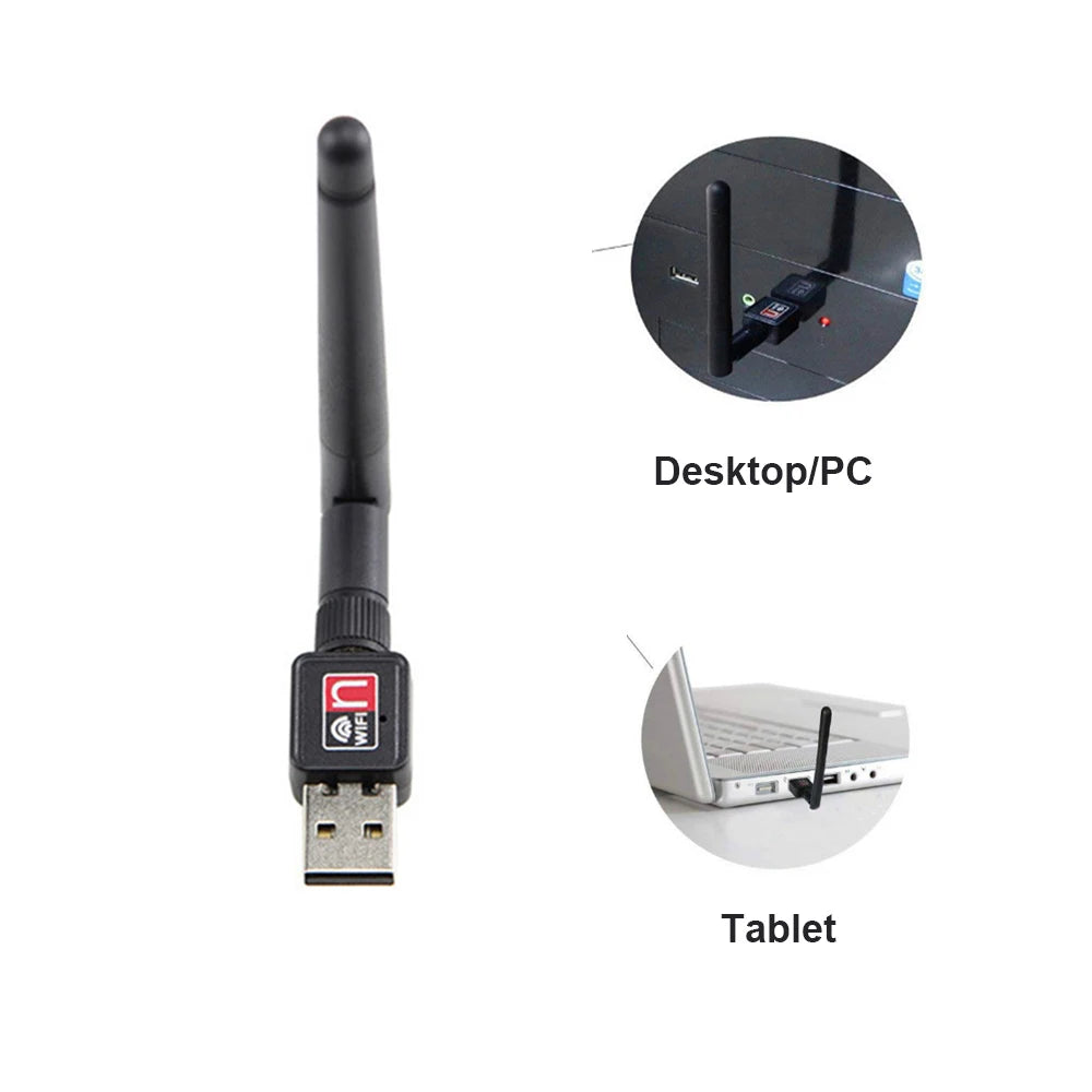 Mini Adaptador USB 2.0 WiFi Inalámbrico 150Mbps (802.11n/g/b) Dongle LAN 2dB con Antena (Chip MT7601/RTL8188)