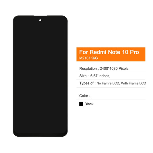 6.67" AMOLED for Xiaomi Redmi Note 10 Pro LCD Display Touch Screen For Redmi Note10Pro M2101K6G LCD Display Replace, with Frame