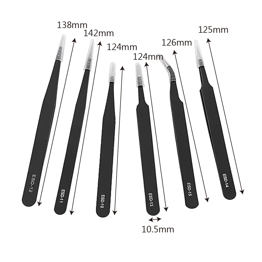 Set Pinzas Precisión Industrial Anti Estáticas Acero Inoxidable (Curva/Recta) para Reparación Reloj/Joyería/Móvil/Electrónica (6 Piezas)