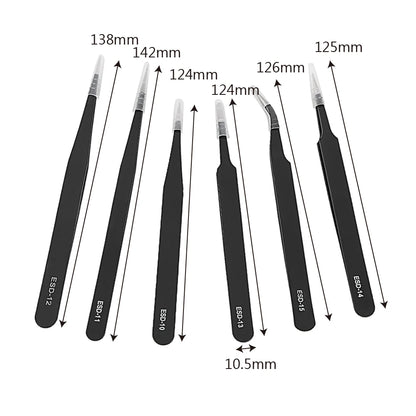 Set Pinzas Precisión Industrial Anti Estáticas Acero Inoxidable (Curva/Recta) para Reparación Reloj/Joyería/Móvil/Electrónica (6 Piezas)