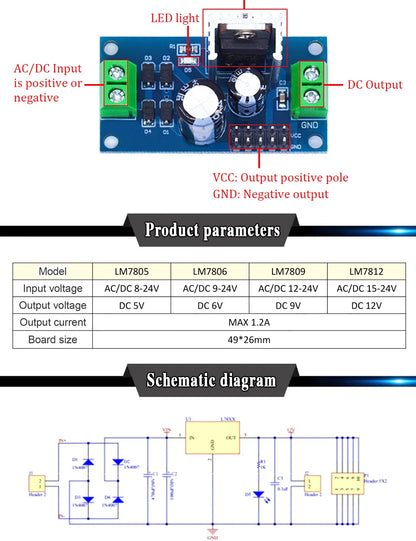 Módulo Fuente Alimentación Regulador Tres Terminales LM7805/LM7806/LM7809/LM7812 Salida 5V/6V/9V/12V 1.2A Max