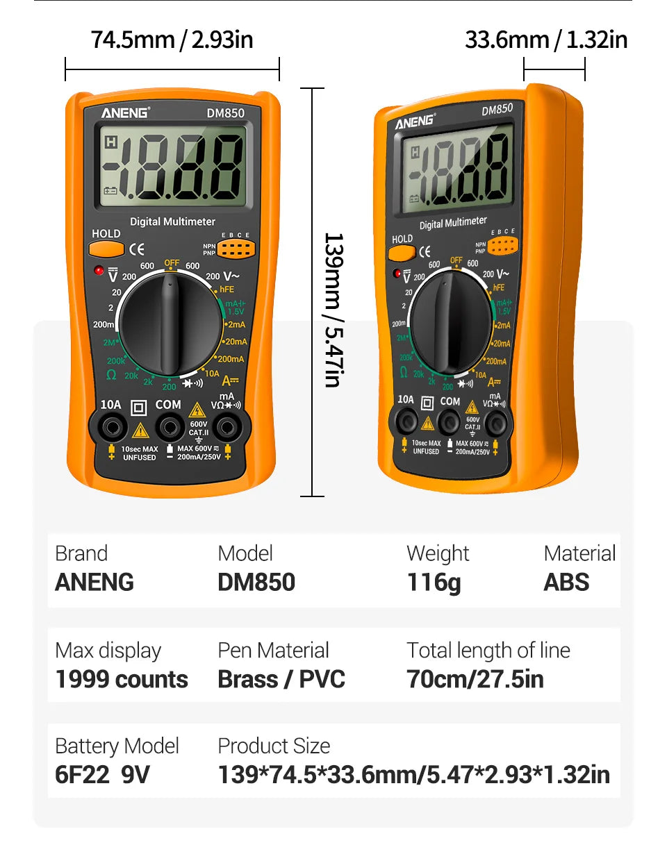 Multímetro Digital Automático Profesional ANENG DM850 (1999 Cuentas) Tester Voltaje AC/DC/Ohm/Corriente Amperímetro Detector