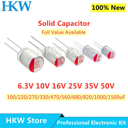 Capacitor Electrolítico Sólido DIP Bajo ESR (100uF-1000uF, 6.3V-50V) - Pack 10 Unidades (Valores Surtidos)