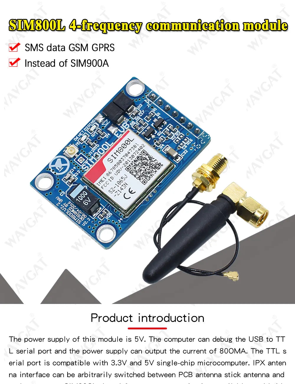 Módulo GSM/GPRS WAVGAT SIM800L V2.0 (5V, Quad-Band) con Antena y Cable