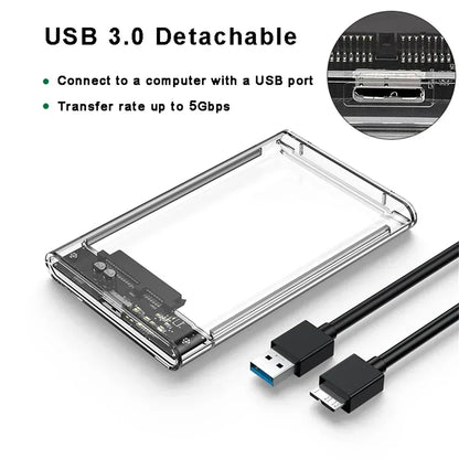 Carcasa Externa USB 3.0/Tipo C para Disco Duro HDD/SSD SATA 2.5" (5Gbps, Transparente, Tool-Free) Caja Harddisk