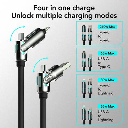 Cable Carga USB Multifunción 4 en 1 MFISH (USB/Tipo C/Lightning, Max 240W) Carga Rápida y Sincronización Datos para iPhone 15/16/iPad