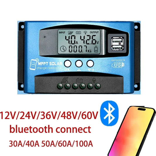 Controlador Carga Solar MPPT 30A-100A 12V-60V Bluetooth LCD Dual USB para Batería Plomo-Ácido/Litio