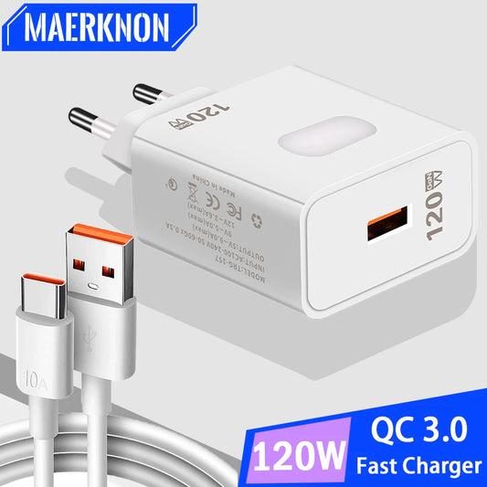 Cargador USB GaN 120W Carga Rápida con Cable USB Tipo C 10A para iPhone/Huawei/Samsung/Xiaomi