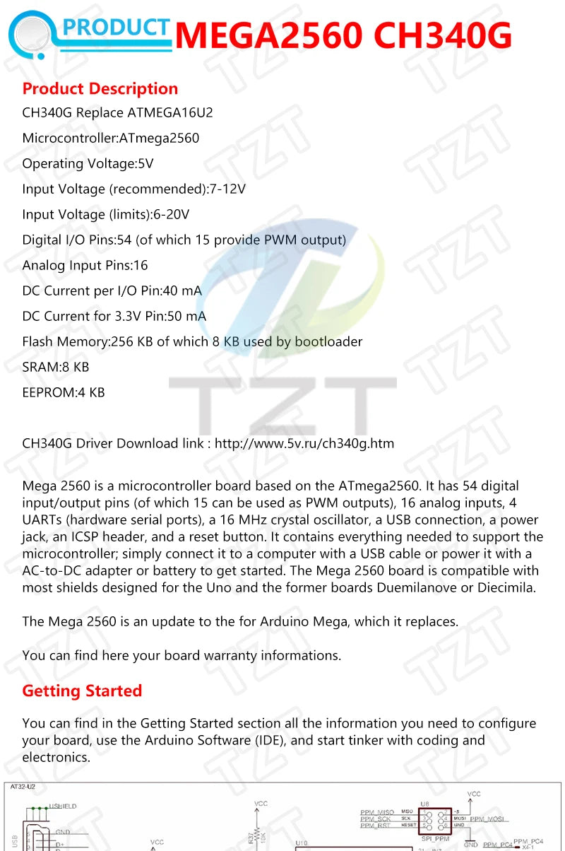 Placa Desarrollo TZT Mega2560 (ATMEGA16U2 / Pro Mini / WiFi R3 ATmega2560 CH340G) compatible Arduino Mega R3 / ESP8266