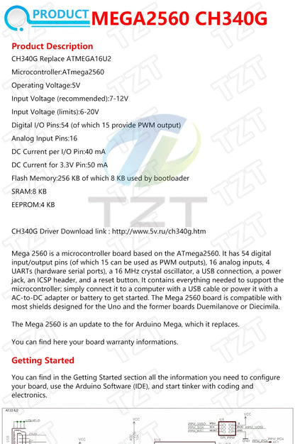 Placa Desarrollo TZT Mega2560 (ATMEGA16U2 / Pro Mini / WiFi R3 ATmega2560 CH340G) compatible Arduino Mega R3 / ESP8266