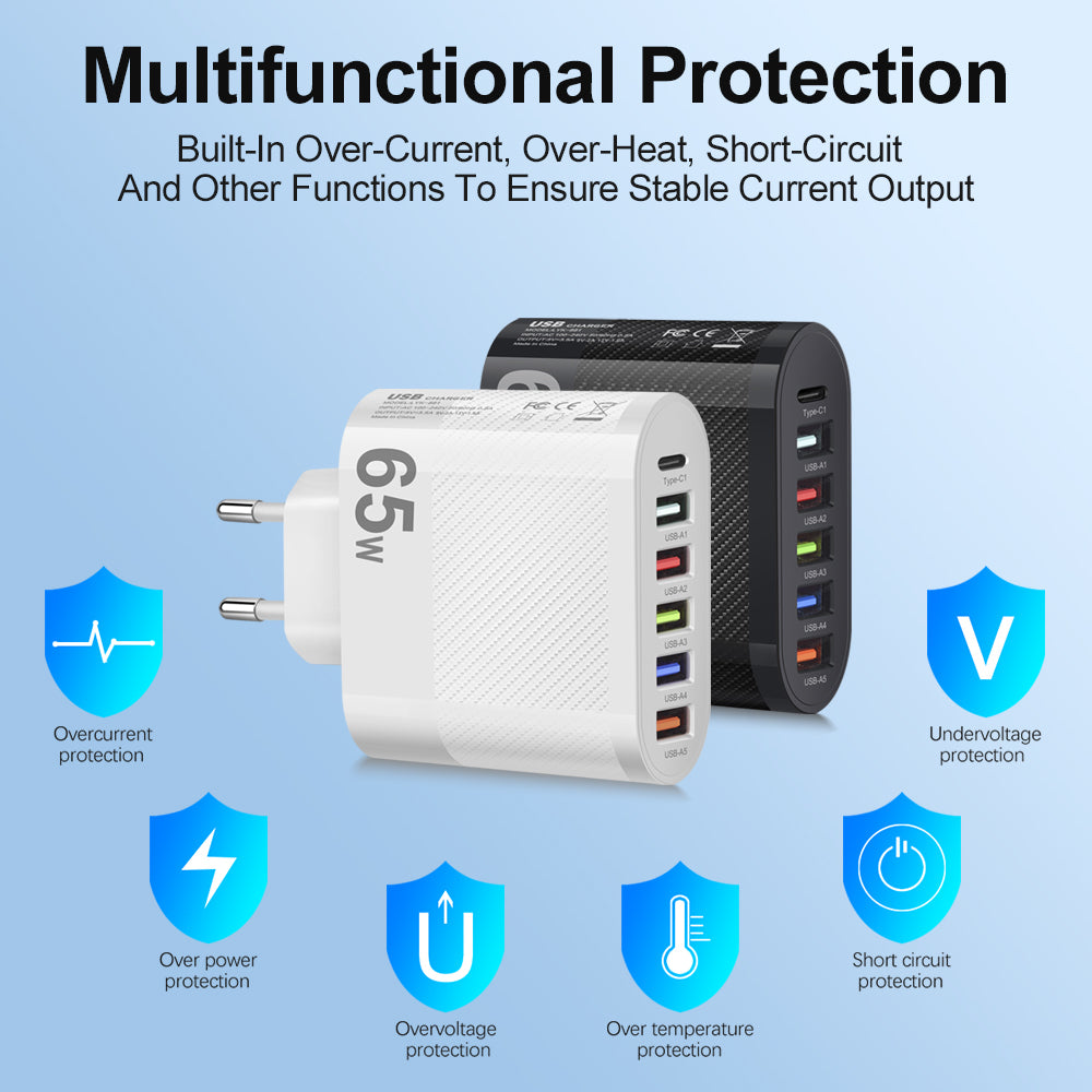 Cargador Pared USB Múltiple 6 Puertos 65W Carga Rápida Alta Velocidad (PD, QC 3.0) Adaptador Móvil para Huawei Mate 60/Xiaomi 13