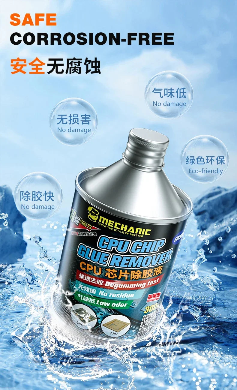 Líquido Removedor Pegamento CPU MECHANIC GR300 (300ml) con Cepillo Limpieza para IC (Inmersión 20 min) Herramienta Reparación Teléfono