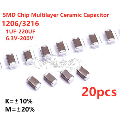 Capacitor Cerámico SMD 1206 (1uF-220uF, 10V-200V, X7R/X5R 10%/20%) - Pack 20 Unidades (Valores Surtidos)