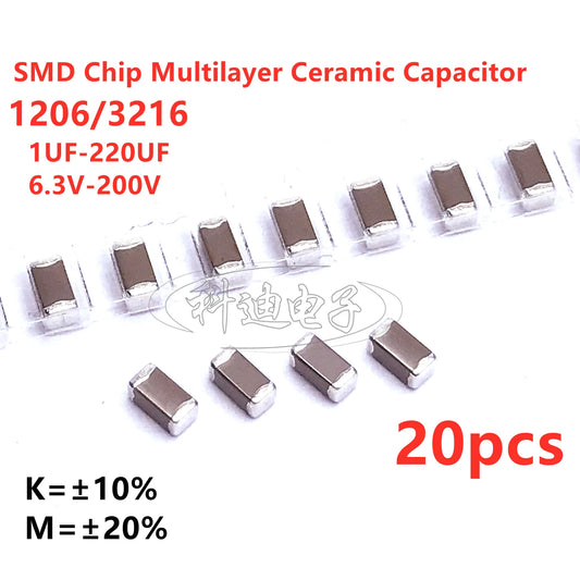 Capacitor Cerámico SMD 1206 (1uF-220uF, 10V-200V, X7R/X5R 10%/20%) - Pack 20 Unidades (Valores Surtidos)