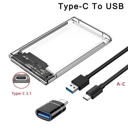 Carcasa Externa USB 3.0/Tipo C para Disco Duro HDD/SSD SATA 2.5" (UASP, Transparente, Portátil, Tool-Free)
