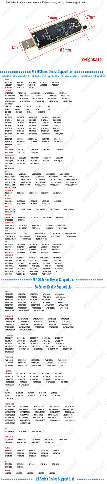 Kit Programador USB XTW100 (CH341B) 24/25 Series EEPROM Flash BIOS + Clip Test SOIC8/SOP8